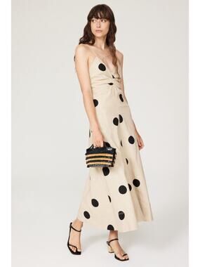 Tanya Taylor Women's Midi Meredith Dress, Tan/Black Polka Dot Linen Size 4